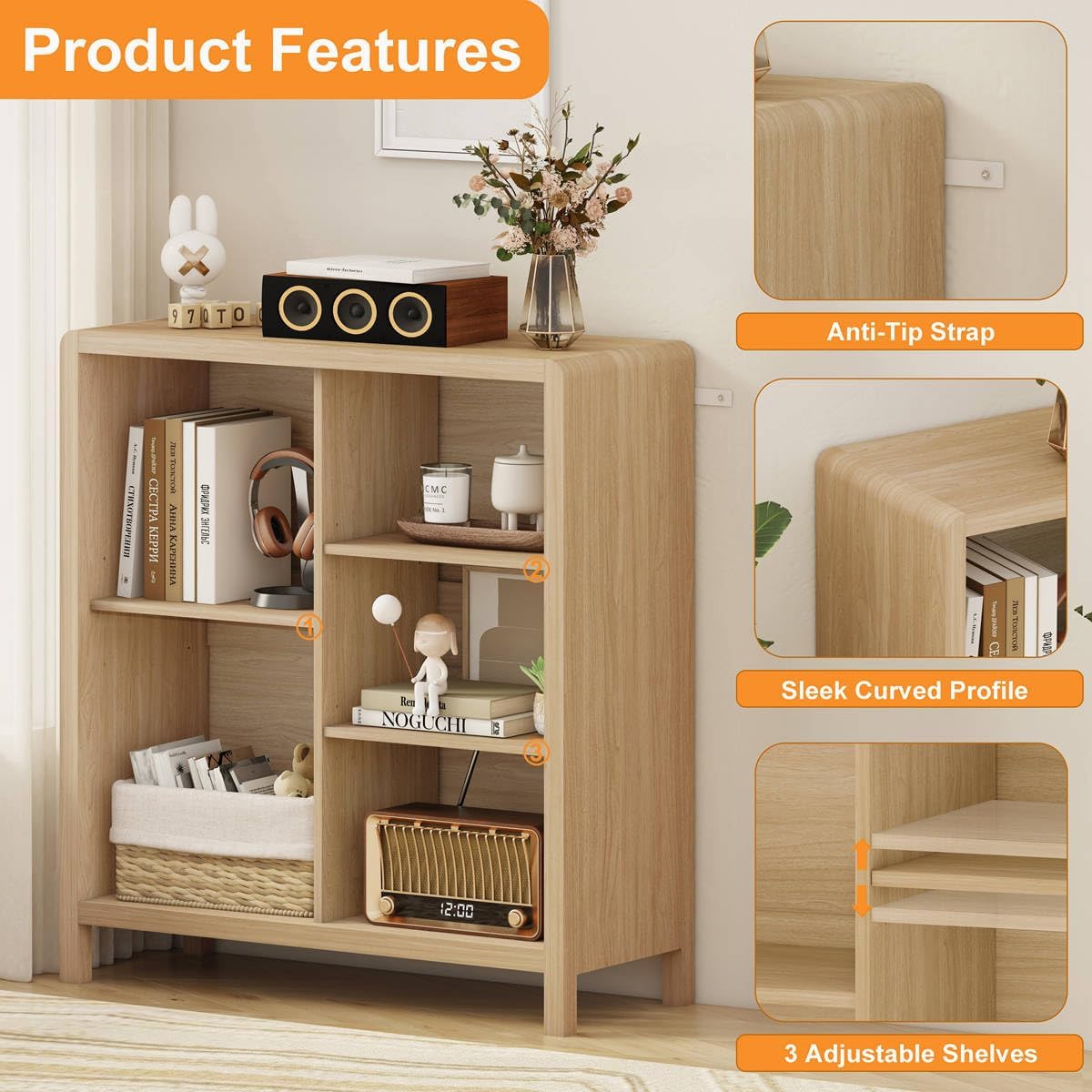 FATORRI 5 Cube Bookshelf, Wood Bookcase with 3 Adjustable Shelves, Modern Cube Storage Organizer Shelf for Home Office (Light Walnut)