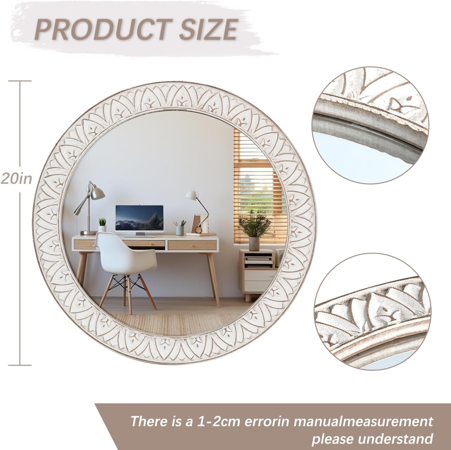 20" Round Rustic Mirror Wooden Frame Circle Mirrors, Distressed Wall Mounted Mirror for Bathroom, Bedroom, Living Room, Entryway, Fireplace, Hall