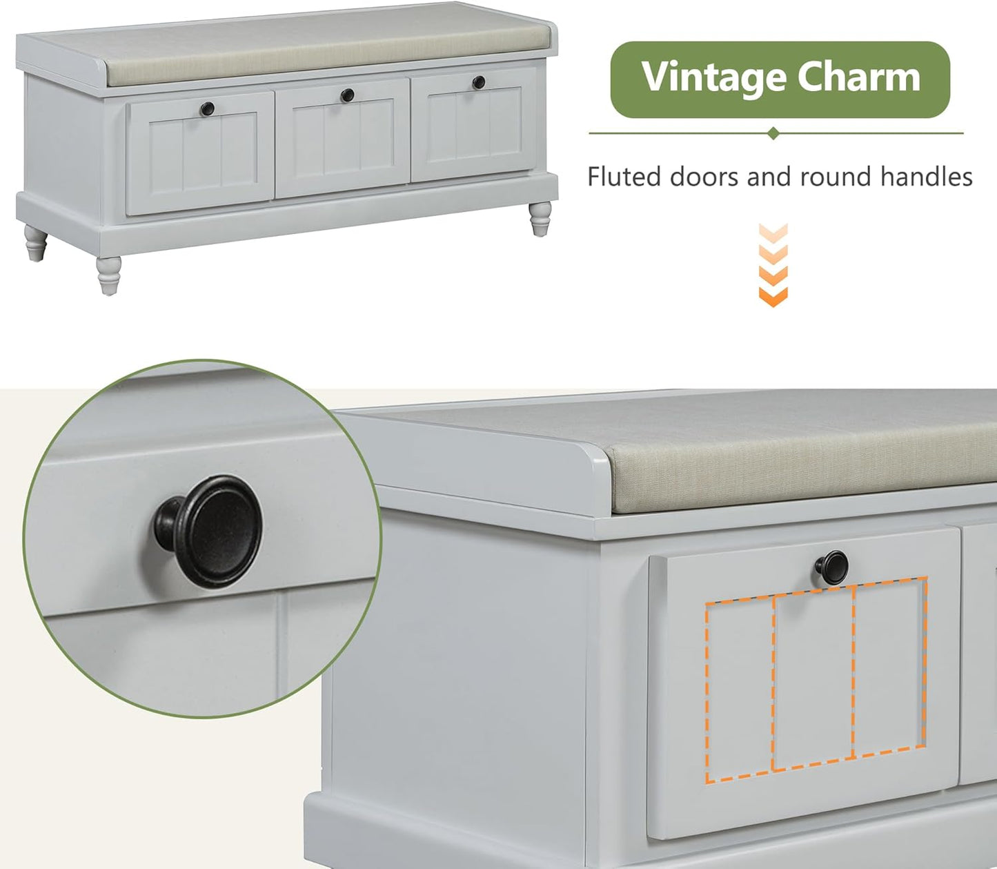 Merax Classic Storage Bench with Cushioned Seat and Three Drawers for Entryway & Living Room & Bedroom, Light Gray