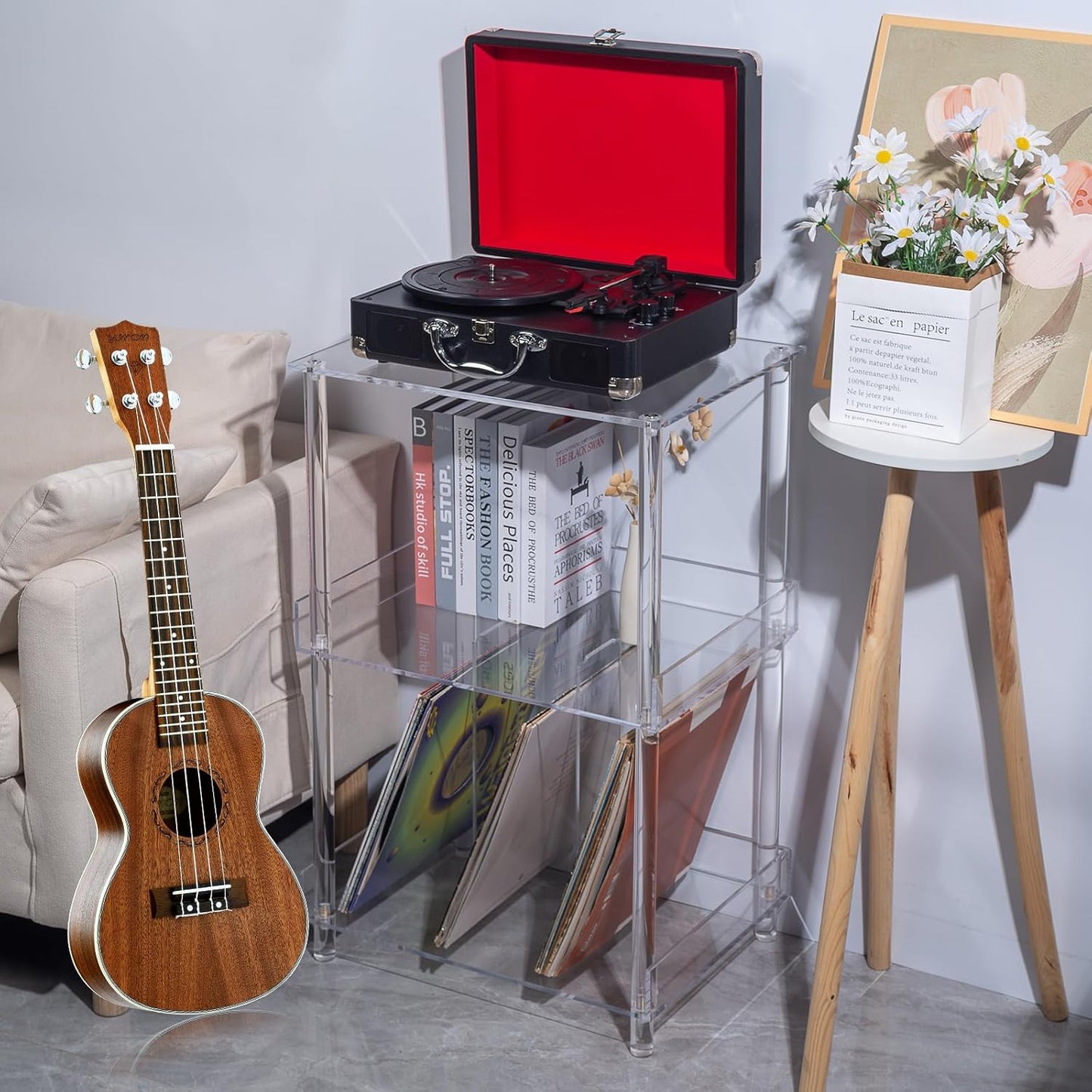 Antilope 18x14 Acrylic Record Player Stand with Vinyl Storage, 3 Tiers Large Turntable Stand Holder Up to 200 Albums, Record Player Table Cabinet Organizer for Living Room Bedroom Corner (Clear)