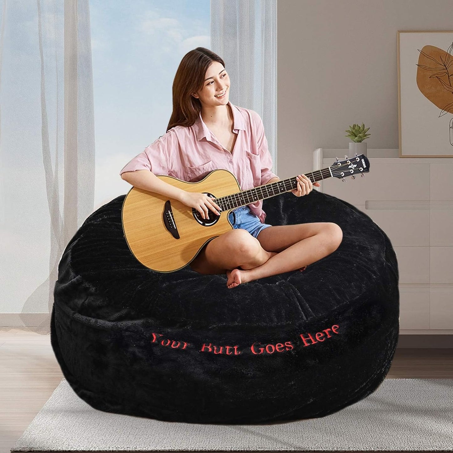 BCU Oversized Bean Bag Cover With Embroidered Words Comfy Beanbag Chair for Adults Without Filler Faux Fur Lazy Sofa Cover for Living Room Chairs, Black, 5FT