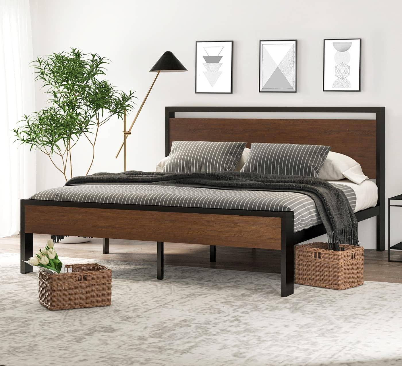 SHA CERLIN 14 Inch King Size Metal Platform Bed Frame with Wooden Headboard and Footboard, Mattress Foundation, No Box Spring Needed, Large Under Bed Storage, Walnut
