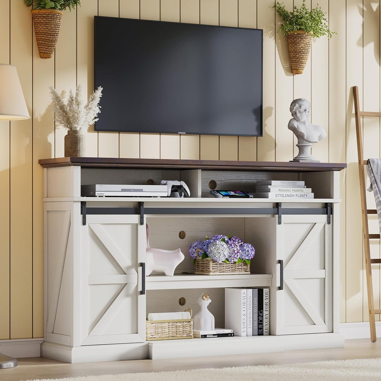 66" Farmhouse TV Stand for 75 Inch TVs, 40" Tall Entertainment Centere with Sliding Barn Doors, Rustic Media Console Table Storage Cabinet with Adjustable Shelves, Living Room, Antique White