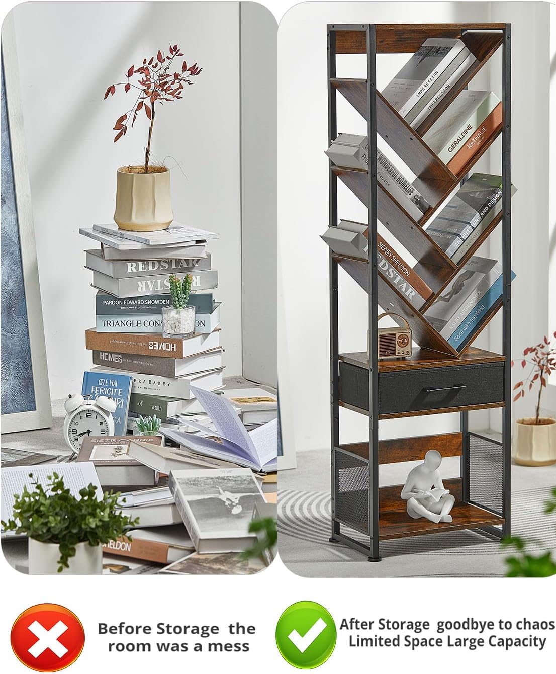 Bookshelf with Drawer,10 Tier Tree Bookcase Retro Floor Standing Bookshelves,Tall Wood Bookcases with Cabinet Storage Organizer for Living Room, Bedroom & Home Office, Classic