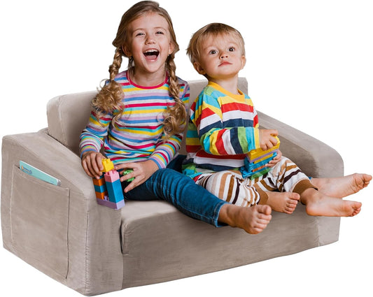 Kids Couch, Extra Wide 2-in-1 Toddler Sofa Convertible Fold Out to Lounger Bed for Girls and Boys, Apricot