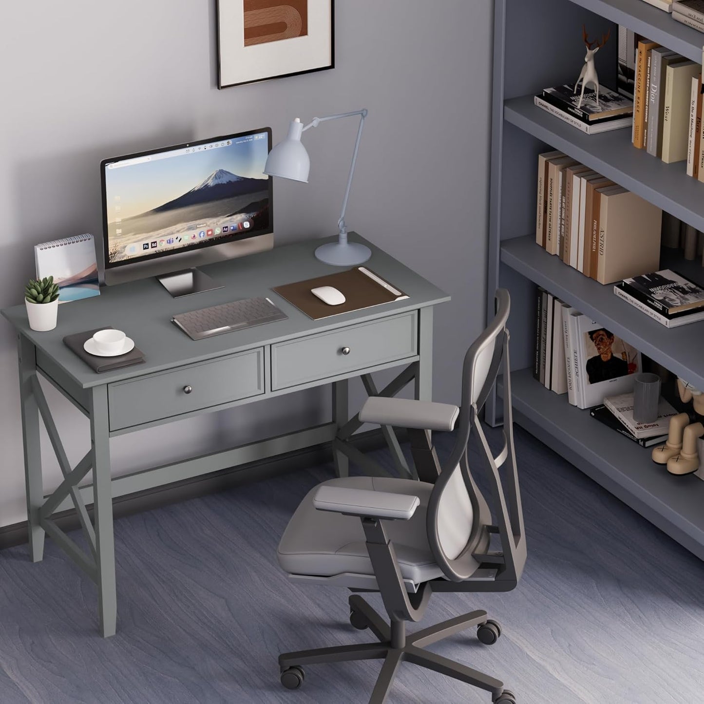 Computer Desk with 2 Drawers, Elegant Home Office Writing Study Desk with Storage, Modern Simple Vanity Desk Console Table for Living Room, Grey