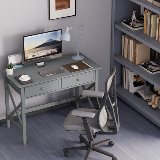 Computer Desk with 2 Drawers, Elegant Home Office Writing Study Desk with Storage, Modern Simple Vanity Desk Console Table for Living Room, Grey