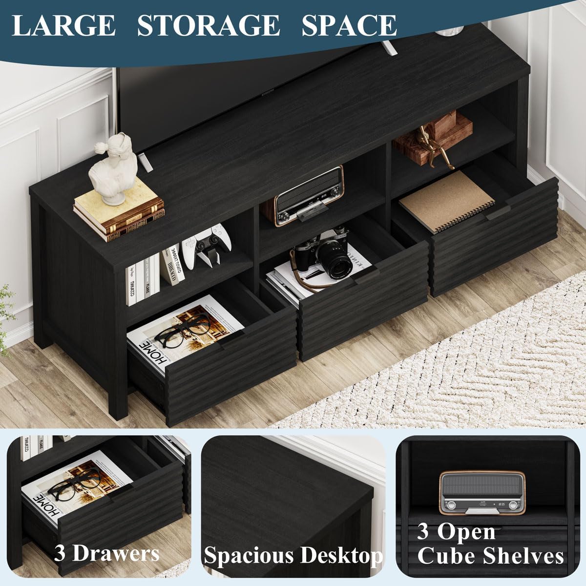 BON AUGURE Black TV Stand, Modern Entertainment Center with Storage Drawers for 65 55 50 in TVs, Wood Fluted Television Media Console Cabinet for Living Room, Bedroom (Black Oak)