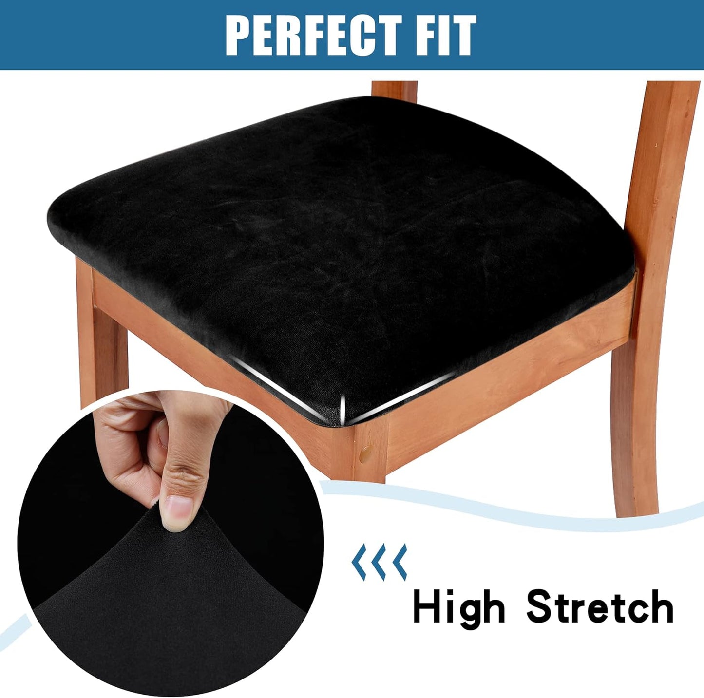 Smiry Velvet Seat Covers for Dining Room Chair Set of 2, Stretch Fit Removable Washable Chair Seat Cushion Protector Slipcovers with Ties, Black