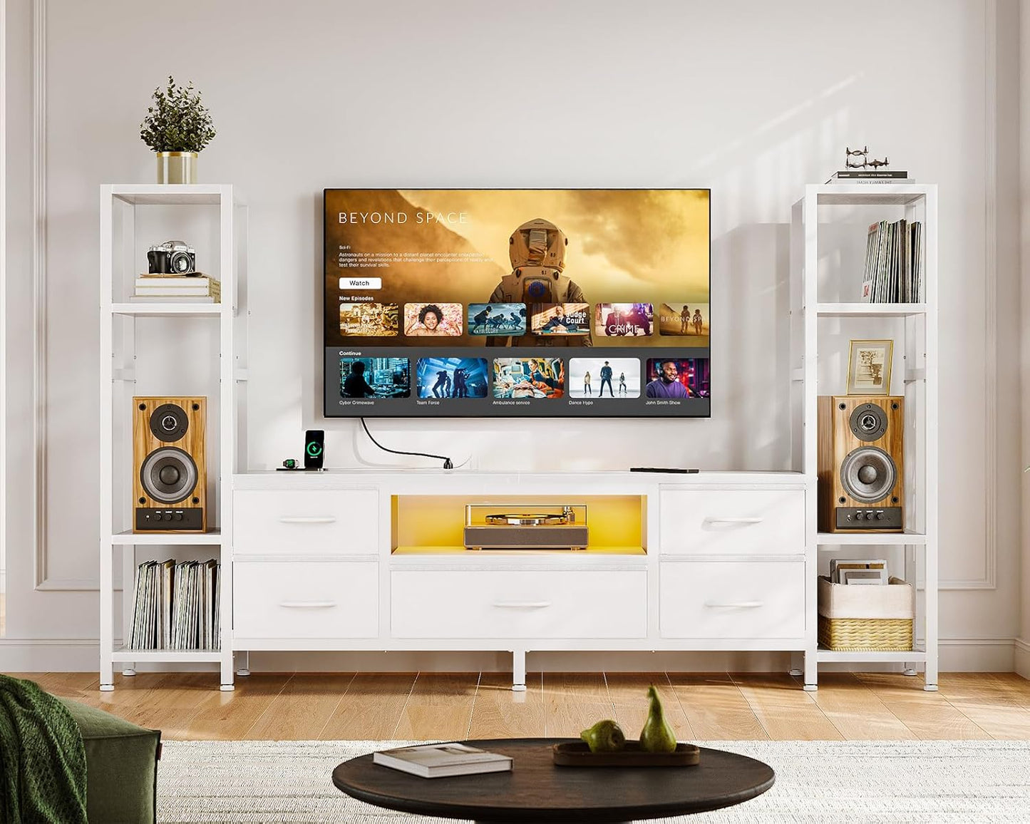 Casaottima 71" TV Stands for 43, 50, 55 Inch TV Entertainment Center with LED Lights and Power Outlets, TV Stand for Living Room with 5 Fabric Drawers & Shelf, TV Console Cabinet for Bedroom, White