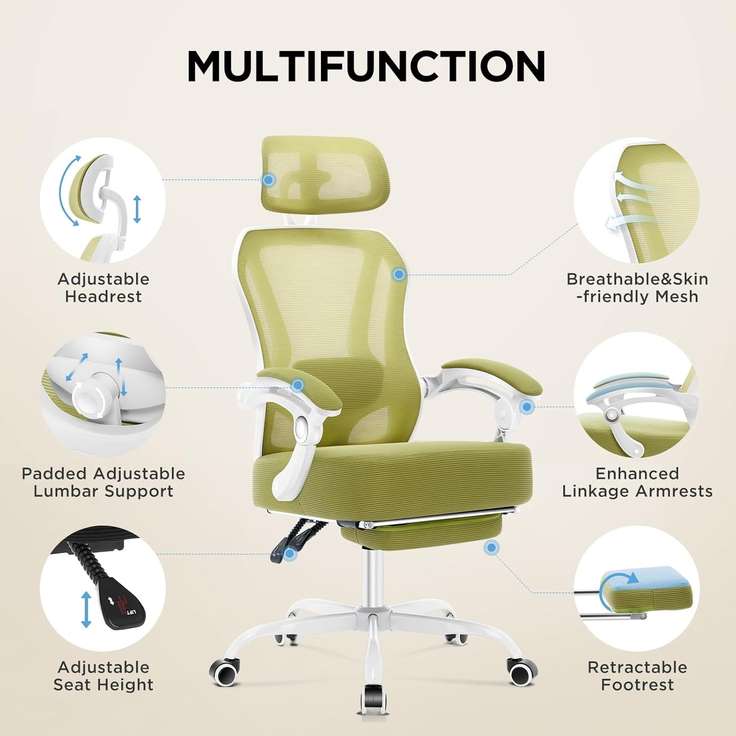 Ergonomic Office Chair with Footrest,Ultra Thick Reclining Office Desk Chair with Adjustable 2D Lumbar Support and Headrest,Spring Cushion,High Back Premium Mesh Computer Chair Office Chairs,Green