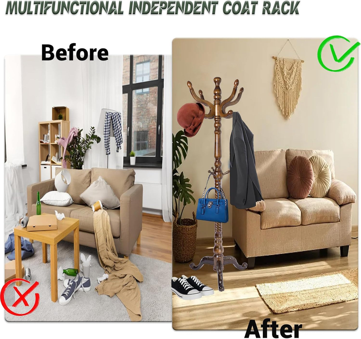 74" Wooden Coat Rack Stand,Coat Racks Freestanding With 14 Hooks And Solid Round Base Heavy Duty Adjustable Height Hall Tree Coat Rack for Entryway Hallway Foyer Office Bedroomf (Triangle Antique)