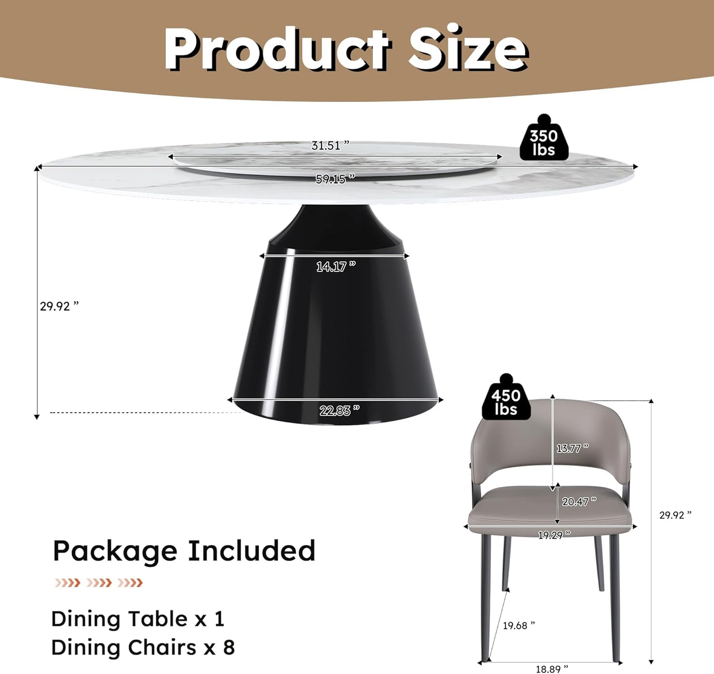 Ball & Cast 9-Piece Dining Set,Faux Marble Table with Detachable Rotating Tray & 8 PU Leather Chairs,Modern Kitchen Dining Room Table Set w/Stainless Steel Base,for Restaurant & Home,Grey