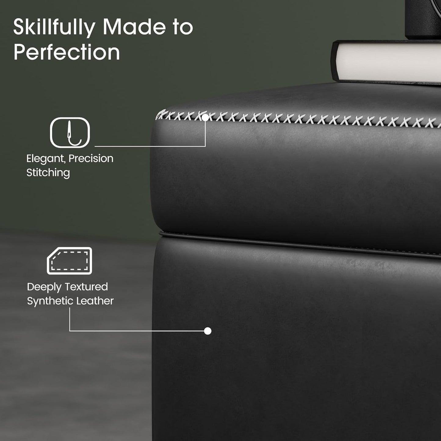 GarveeHome Storage Ottoman Bench, Mid-Century Modern Entryway Bedroom Bench, Synthetic Leather with Stitching, Safety Hinges, Loads 680 Lb, Black