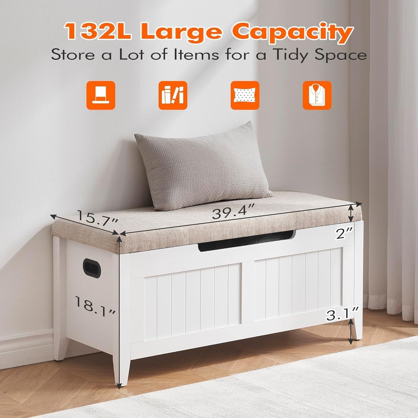GAOMON 39.4" Storage Benches Entryway Bench with Cushion, 2 Safety Hinges, Storage Trunk, Shoe Bench Storage Chest for Entryway, Living Room, Bedroom, White