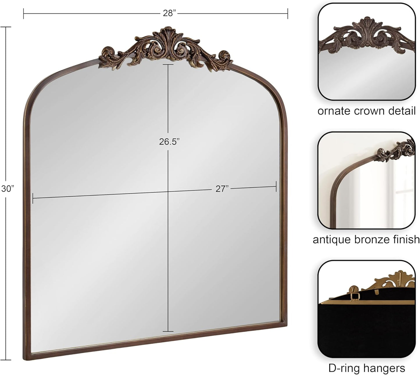 Kate and Laurel Arendahl Ornate Traditional Square Arched Mirror; 28 x 30; Bronze; Decorative Baroque Style Vintage Arch Mirror with Wide Frame and Ornamental Crown