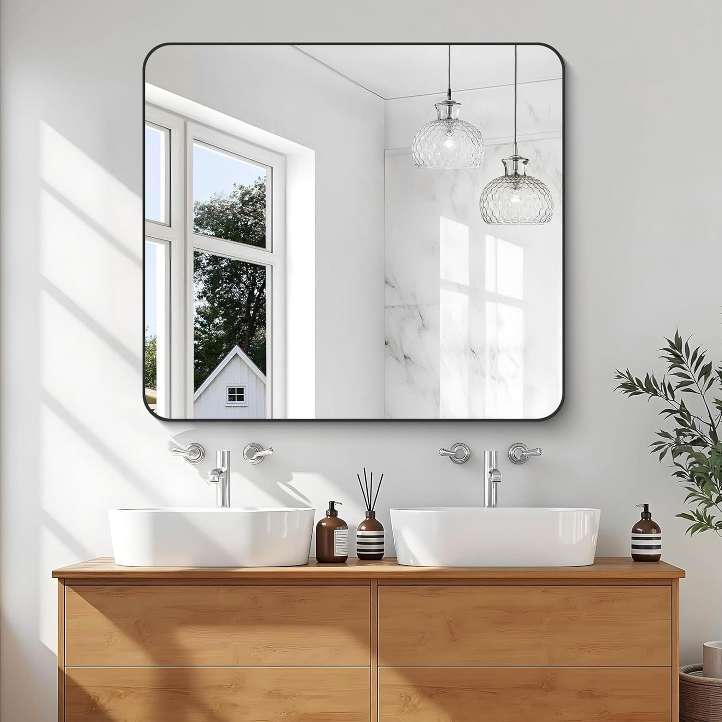 KOCUUY Black Rectangle Mirror, 36"x40" Vanity Mirror for Over Sink, Large Metal Framed Mirror with Rounded Corner for Bathroom Living Room Bedroom Dining Room, Hang Horizontal/Vertical