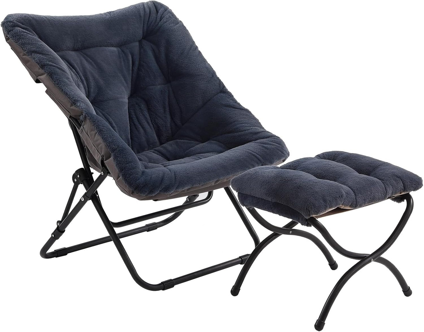 Tiita Folded Chair with Ottoman, Soft Faux Fur Oversized Folding Accent Chair,Lounge Lazy Chair, Metal Frame Moon Chair for Bedroom, Living Room, Dorm Rooms, Garden and Courtyard