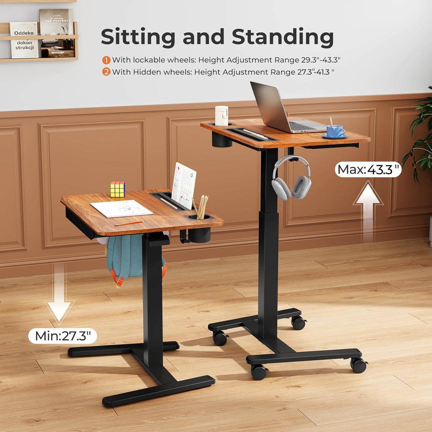 Mobile Standing Desk with Drawer, 28" Rolling Desk with Cup Holder and Hooks, Portable Laptop Workstation on Wheels, Height Adjustable Cart with Storage for Home Office, Dark Wood