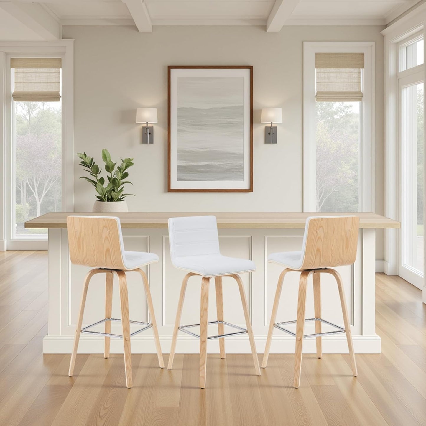 Vienna Modern Swivel Bar Height Stool with White Faux Leather Seat and Patterned Oak Wood Frame Set of 4