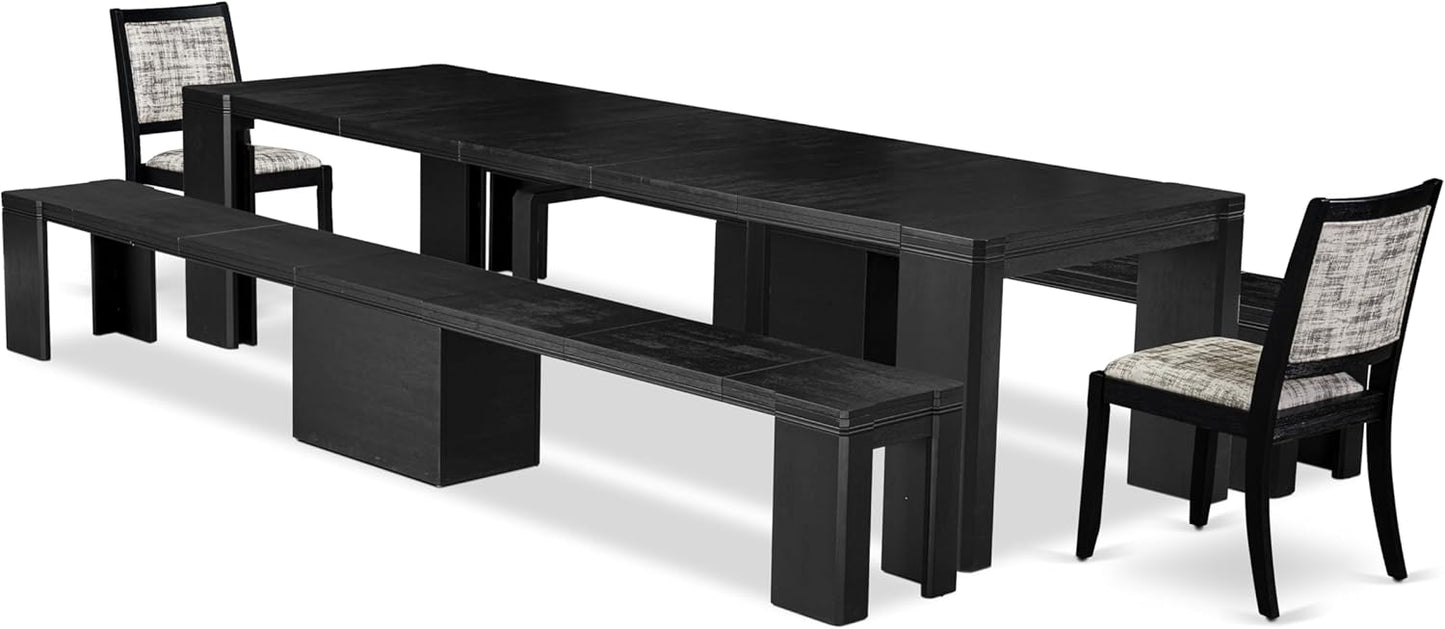 X02X2-206-30 5-pc Dining Room Table Set a Rectangular Kitchen Table and 2 Benches and 2 Wire Brushed Black Polyester Stackable Chairs, 39x120 Inch, Wire Brushed Black