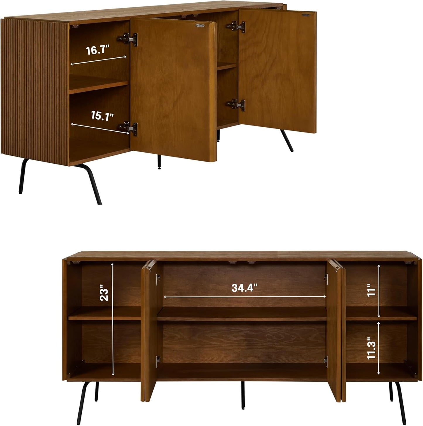 NTC Veil Modern Sideboard with 4 Doors, Buffet Cabinet with Vertical Groove Design and Metal Legs, Storage Cabinet for Living Room, and Hallway, Effortless Assembly - Rustic Oak