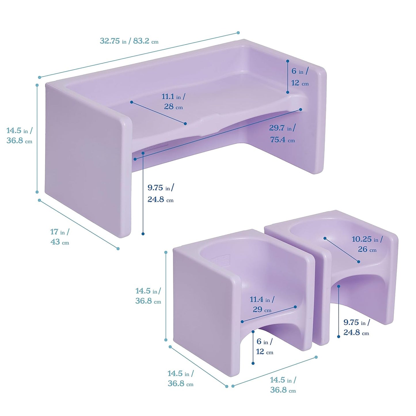 ECR4Kids Tri-Me Table and Cube Chair Set, Multipurpose Furniture, Light Purple, 3-Piece