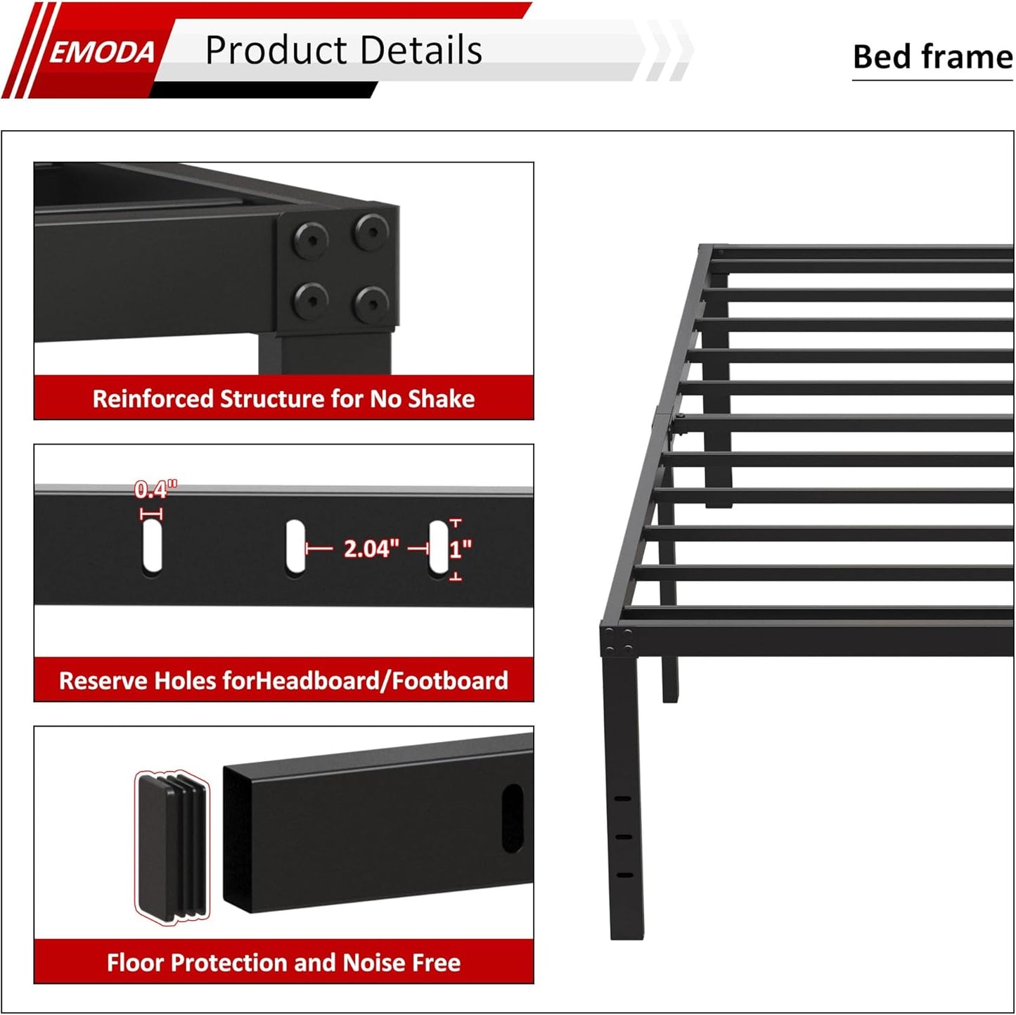 EMODA 20 Inch Queen Bed Frame No Box Spring Needed Heavy Duty Metal Tall Platform Bed Frame Queen Size with Large Storage Space, Easy Assembly, Black