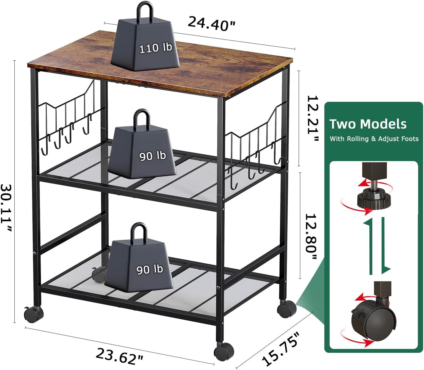 Rolling Kitchen Microwave Cart with Wheels, 3 Tier Microwave Storage Cart with Adjustable Shelves, Coffee Table, Utility Cart for Kitchen, Living Room, Office, Laundry Room