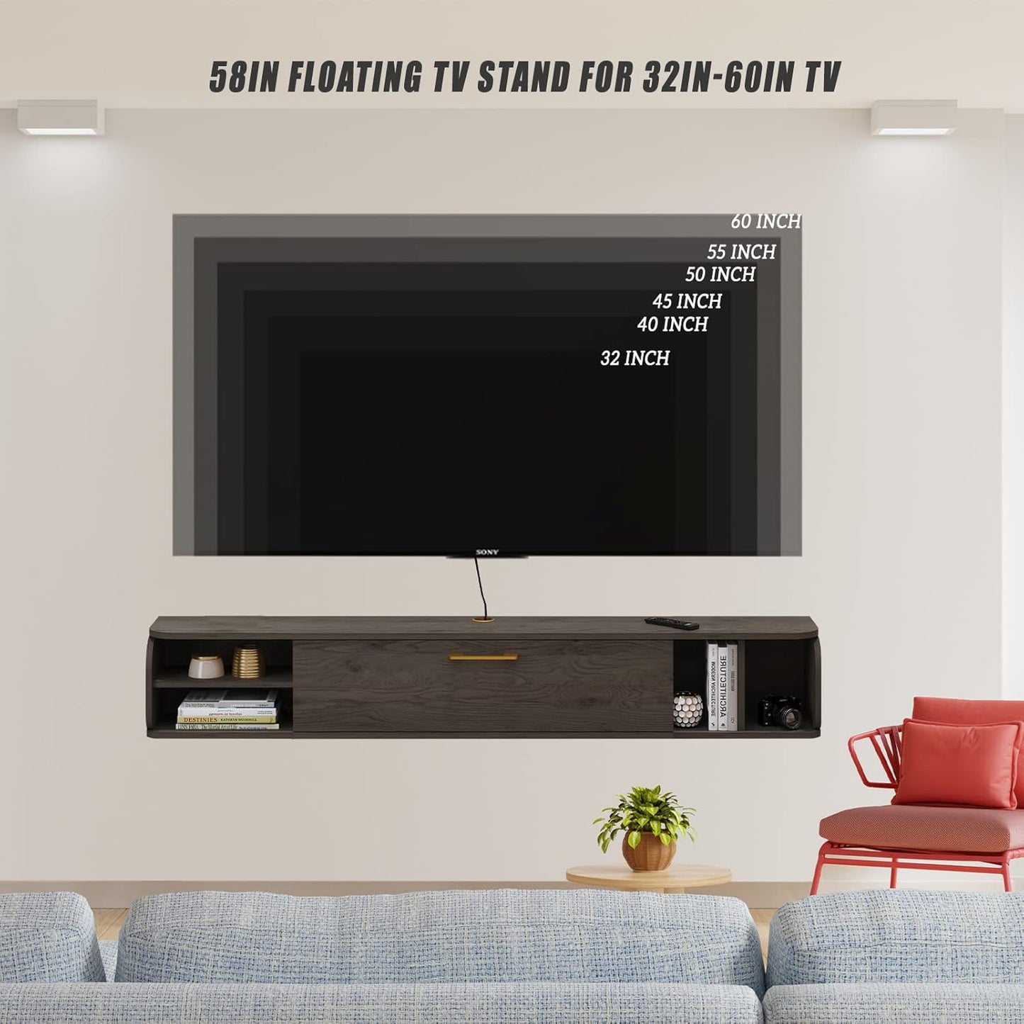 Floating TV Unit, 58'' Wall Mounted TV Cabinet, Floating Shelves with 4 Cabinets, Wooden Entertainment Media Console Center Large Storage TV Bench for Living Room & Office (58IN, Dark Grey)