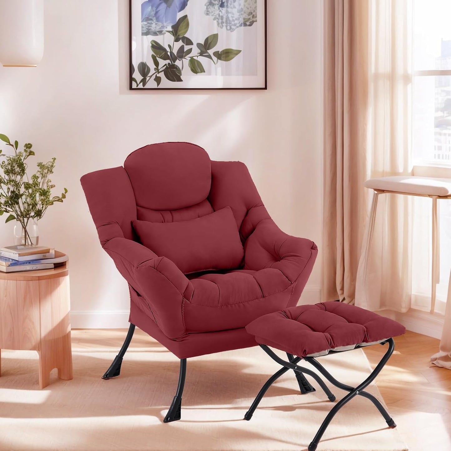 Lazy Chair with Ottoman, Comfy Fabric Accent Lounge Armchair with Lumbar Pillow and Folding Footrest, Reading Leisure Sofa Chair for Bedroom, Living Room, Dorm,Burgundy