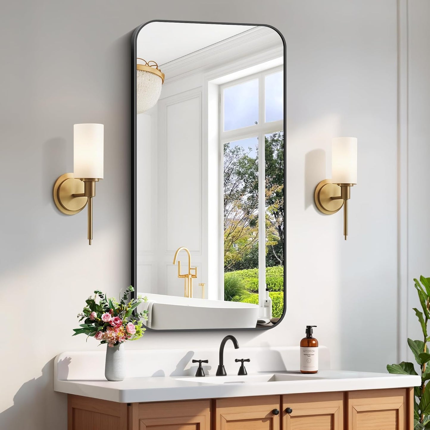 FORBATH Bathroom Mirror 48" x 24", Rectangle Black Narrow Bathroom Mirror with Black Aluminum Frame Rounded Corner, Wall Mounted Mirror for Bedroom Entryway Living Room