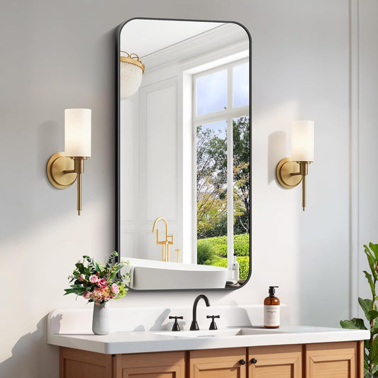 FORBATH Bathroom Mirror 48" x 24", Rectangle Black Narrow Bathroom Mirror with Black Aluminum Frame Rounded Corner, Wall Mounted Mirror for Bedroom Entryway Living Room