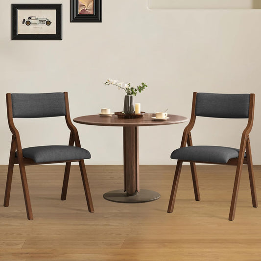 Folding Dining Chairs Set of 2, Upholstered Kitchen Chair with Padded Seat & Backrest, Modern Sidechair with Wood Legs,No Assembly Needed,Dark Grey+Walnut