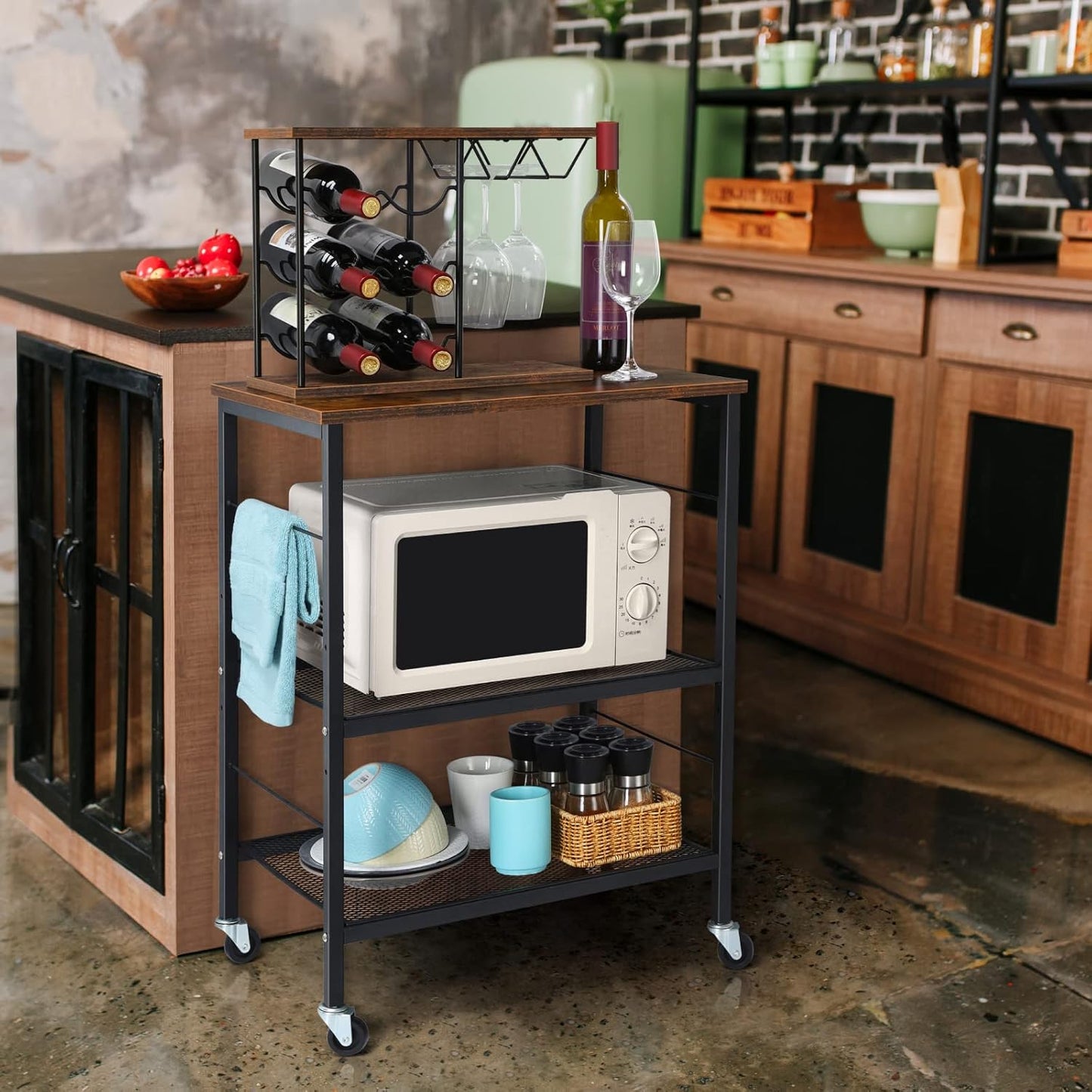 LIANTRAL Rolling Cart, 3-Tier Utility Microwave Bar Coffee Cart Kitchen Storage Shelf On Wheels, Brown Large Side End Table Nightstand for Home Office