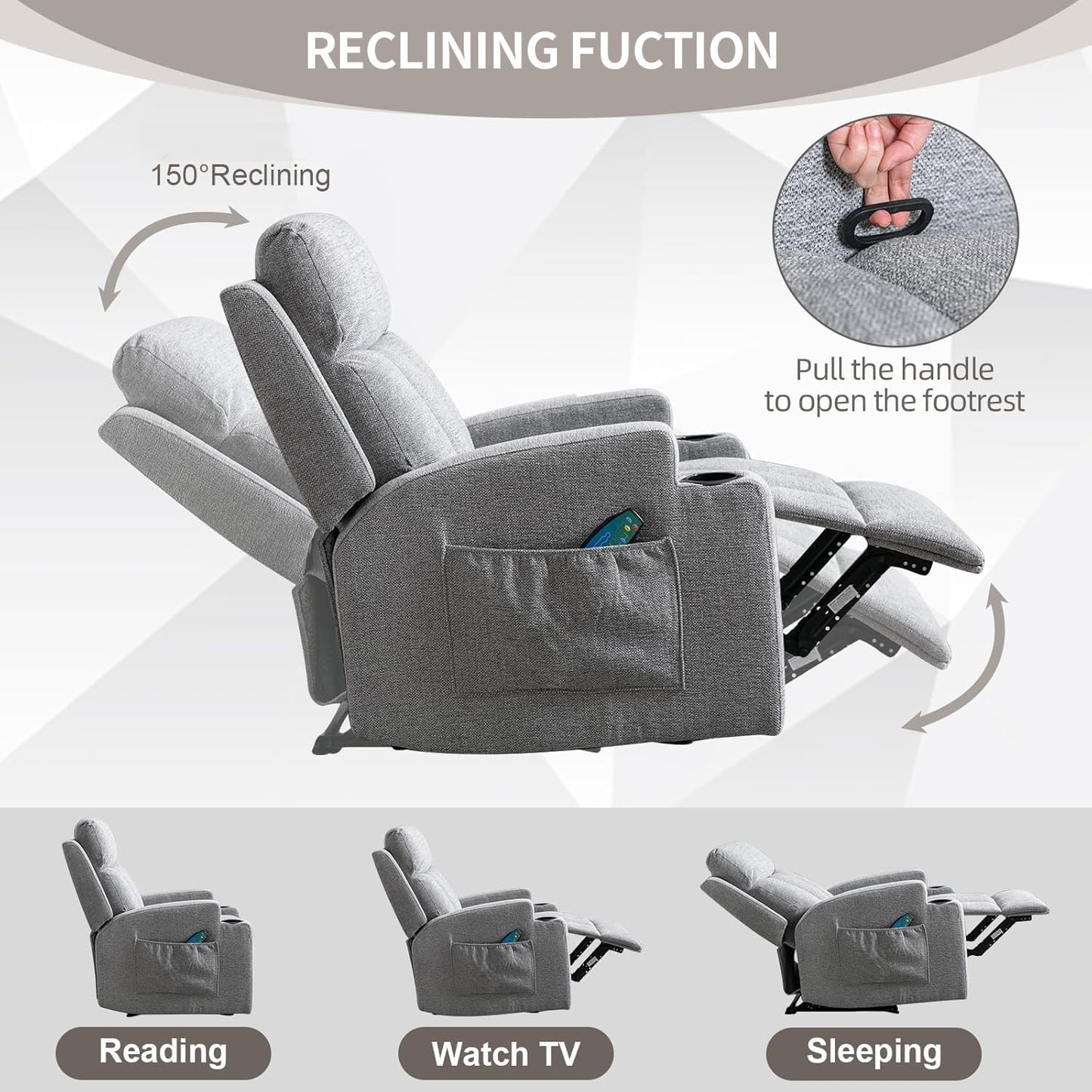 Phoenix Home Manual Recliner Chair with Massage and Heat Ergonomic Overstuffed Breathable Fabric Reclining Chair with 2 Side Pockets, 2 Cup Holders, Remote Control, Living Room, Bedroom, Gray