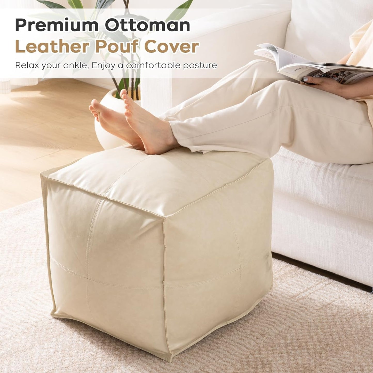 17.7" Square Unstuffed Pouf Ottoman Cover (Only Cover No Filler), Pu Leather Poufs Cube Foot Stool Poofy Ottomans Footrest, Casual Footstool for Living Room, Perfect to Rest Your Feet, Beige