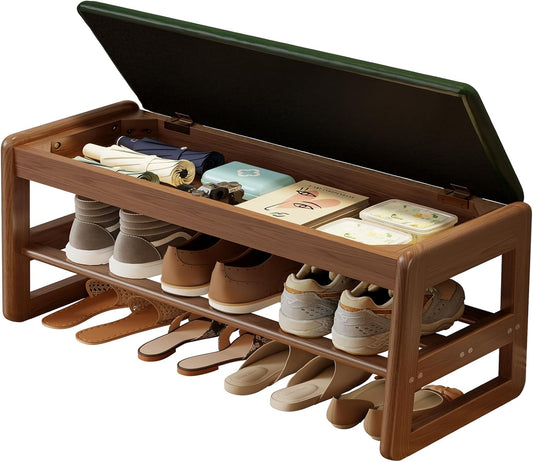 Shoe Rack Bench with Leather Cushion,2 Tiers Shoe Bench with Flip-Top Storage,Wood Shoe Rackh for Entryway,Hallway（Green,31.5"）