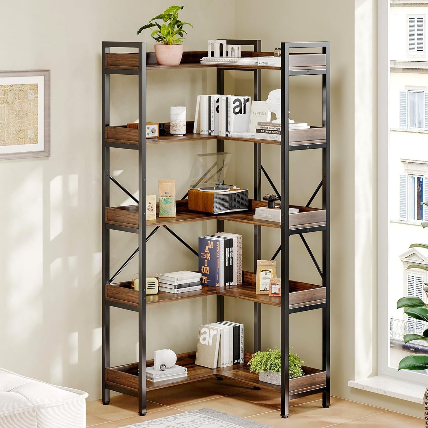 5-Tier Corner Bookshelf - Modern Tall Corner Bookcase with Sturdy Metal Frame, Large Storage L Shaped Bookshelf for Living Room/Home Office/Bedroom, Space-Saving Design, Rustic Brown