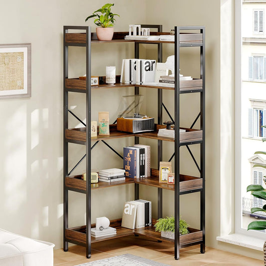 5-Tier Corner Bookshelf - Modern Tall Corner Bookcase with Sturdy Metal Frame, Large Storage L Shaped Bookshelf for Living Room/Home Office/Bedroom, Space-Saving Design, Rustic Brown
