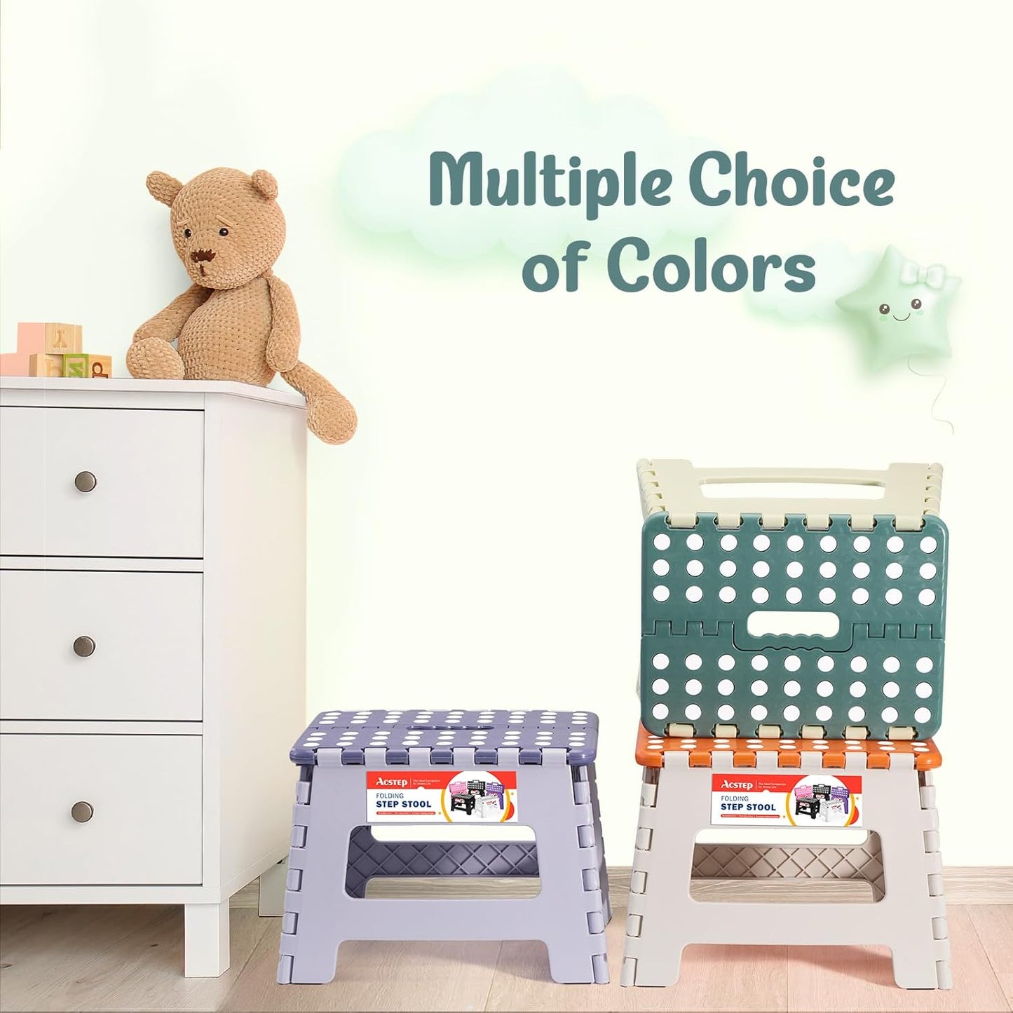 ACSTEP 9 Inch Folding Step Stool 300 LB Capacity Plastic Foldable Step Stools for Kids and Adults, Folding Stool Suitable for Kitchen, Stepping Stool with Handle Bicolor Green Small Step Stool 1PC