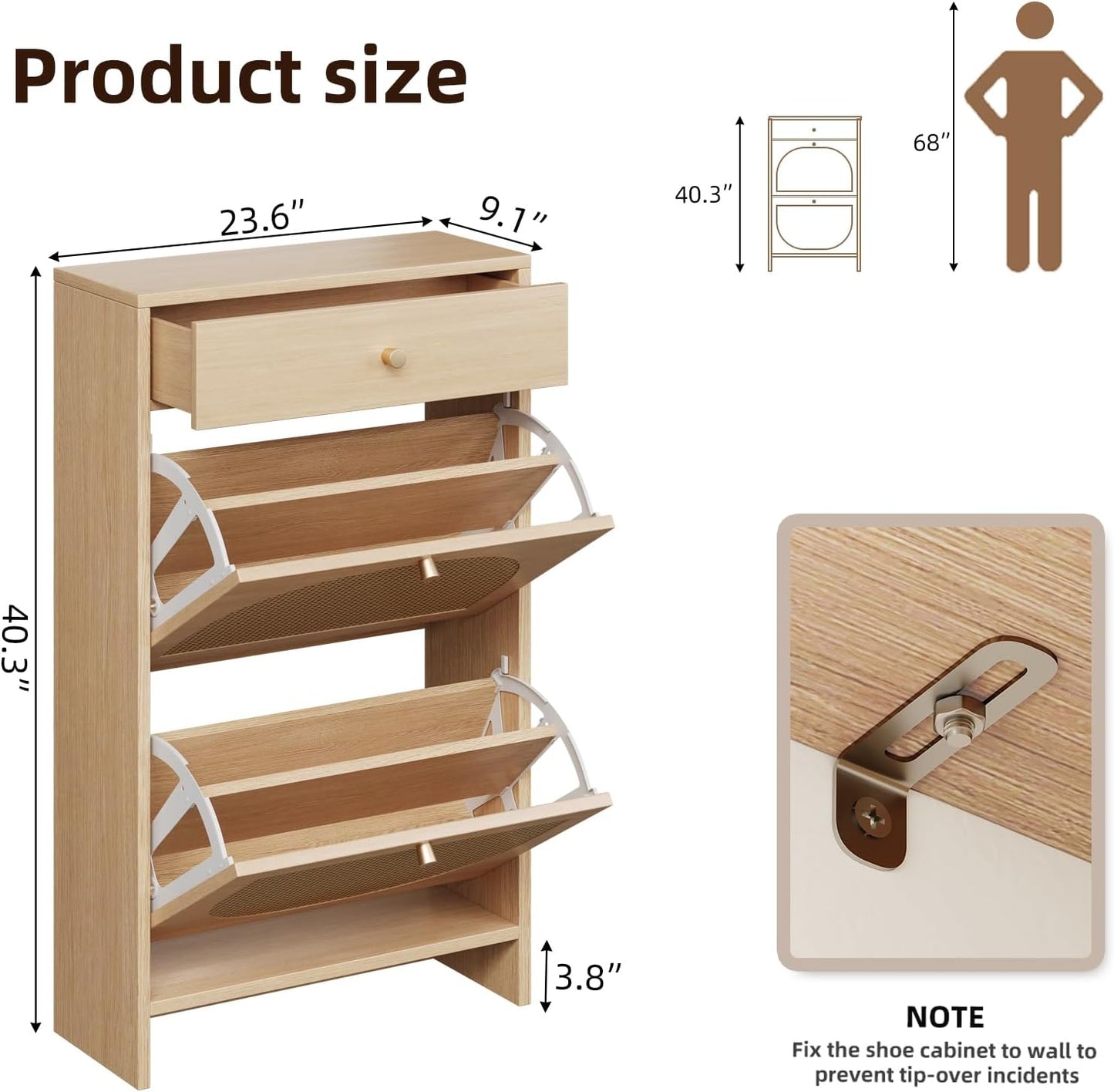 Nicetree Shoe Storage Organizer with 2 Flip Drawers and 1 Drawer, Freestanding Fluted Accent Narrow Shoe Rack, Farmhouse Shoe Cabinet with 3-Tier Adjustable Shelves for Hallway Foyer Rustic