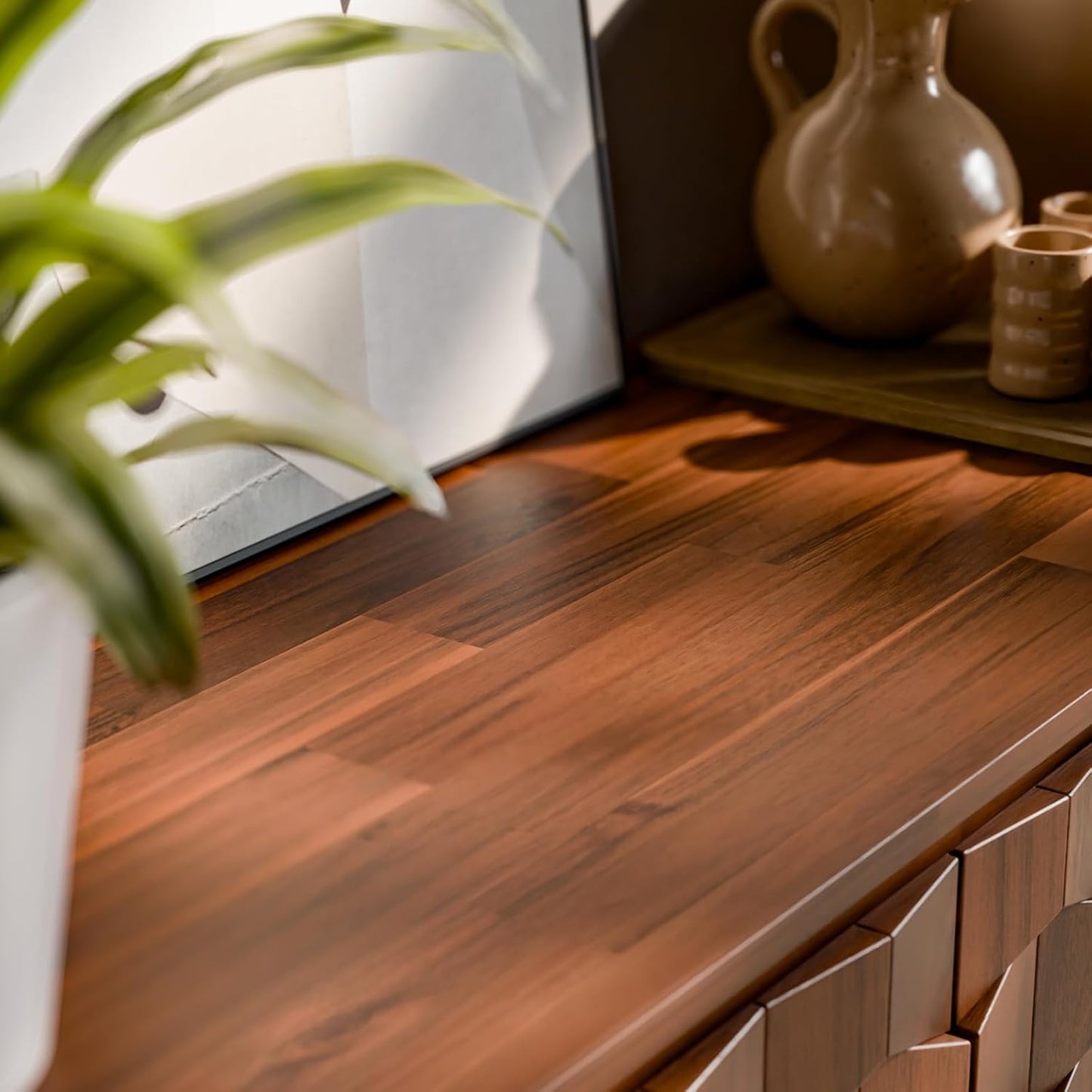 Bme Georgina Solid Wood Sideboard with Geometric Pattern, 2 Doors and 3 Drawers, 61 Inch Mid Century Modern Sideboard Cabinet for Kitchen, Dining Room, Living Room, Dark Choco