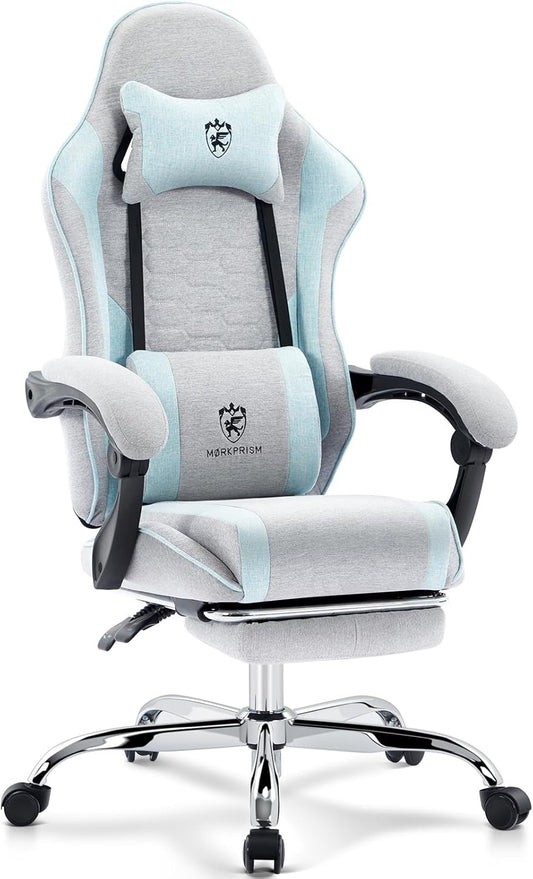 Gaming Chair Breathable Fabric,Computer Office Chair with Footrest,Massage Lumbar Support and Gel Pad,Ergonomic Reclining Adjustable Gamer Chair with Headrest and Spring Cushion Grey Blue