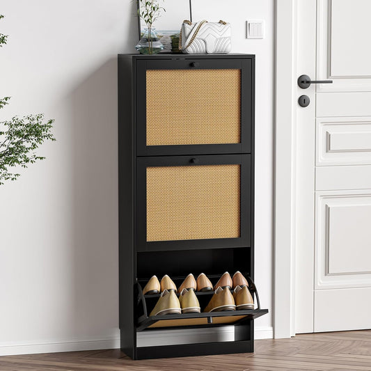 Rattan Shoe Cabinet 3-Tier, Narrow Shoe Cabinet with 3 Flip Drawers and Adjustable Shelves,Entryway Black Shoe Organizer with Removable Shelves for Hallway, Entrance