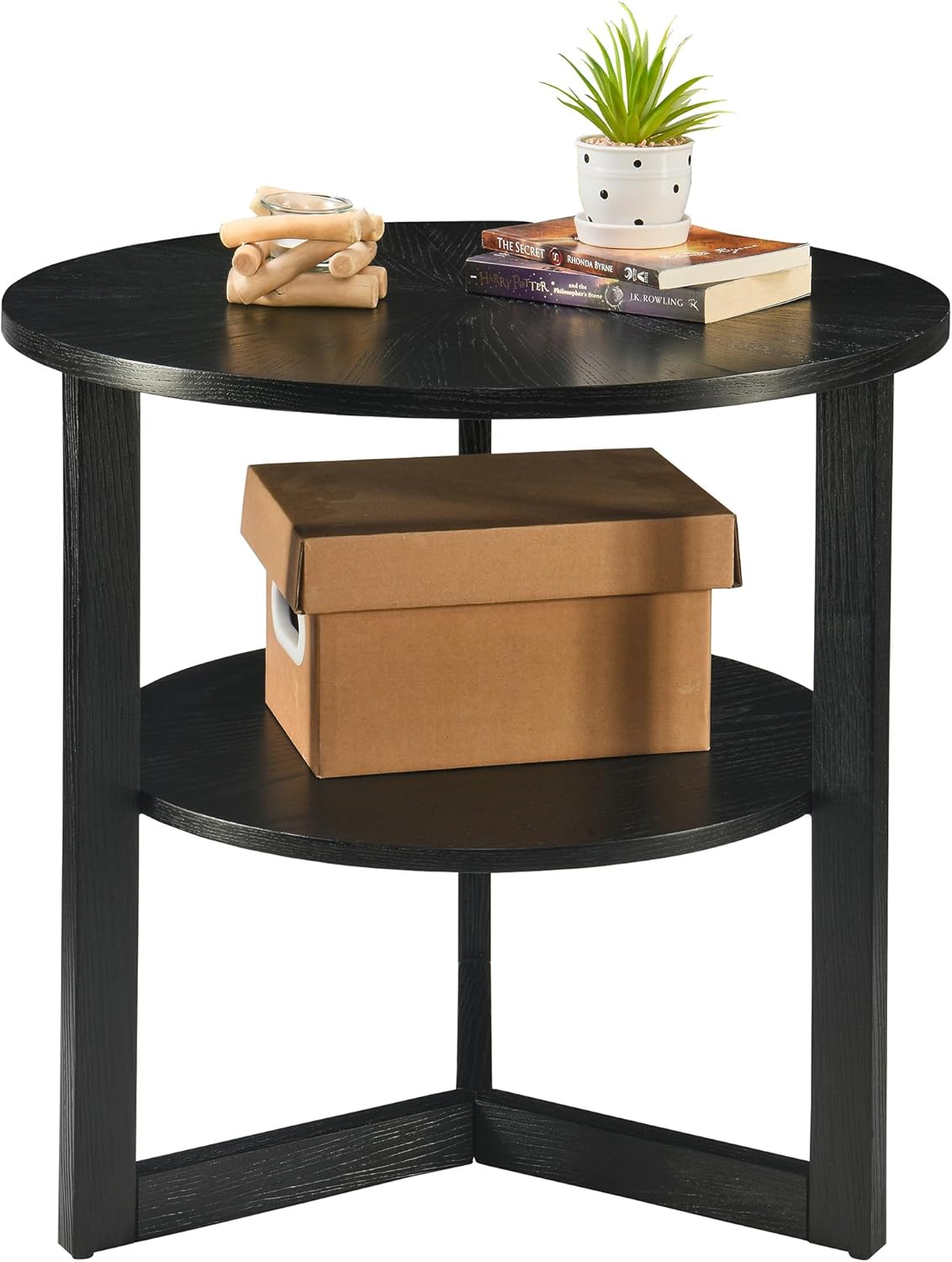 Large Round End Table with Storage Shelf, Rustic Beside Tables with Umbrella Top,Traditional Circular Sofa Side Table, 25.2”D Telephone Table for Living Room Easy Assembly Brushed Black CJZ3338BK