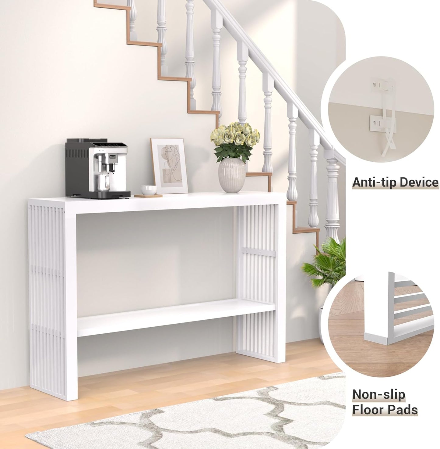 Bamboo Wood Console Table 47.2" Entryway Table, 2-Tier Farmhouse Narrow Sofa Table w/Storage Shelf, Couch Table Behind Sofa Easy Assembly for Entrance, Hallway, Living Room, Foyer(White)