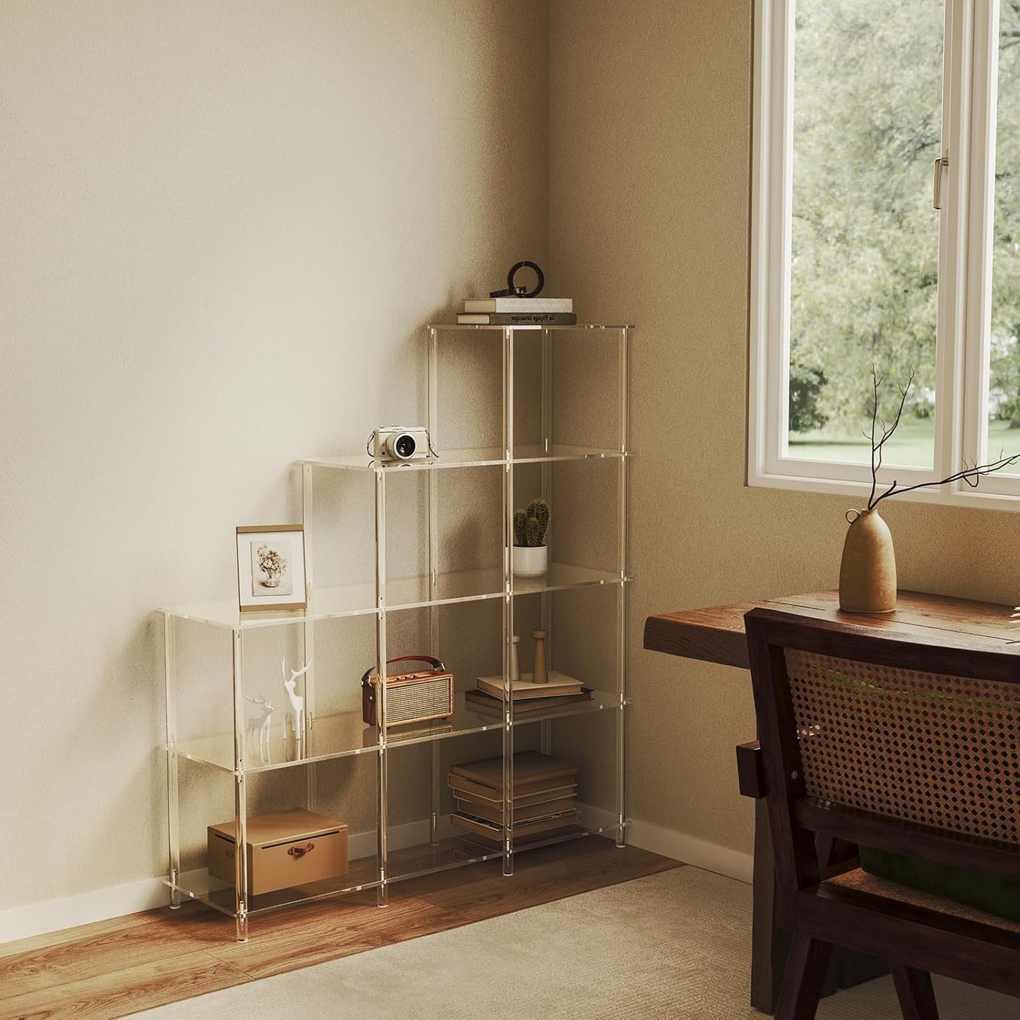 5-Tier Acrylic Bookshelf, 9 Cube Bookcase, Clear Open Stepped Book Shelf for Home Office, Living Room, Bedroom, Easy Assembly, 11.8" D x 40.6" W x 46.1" H