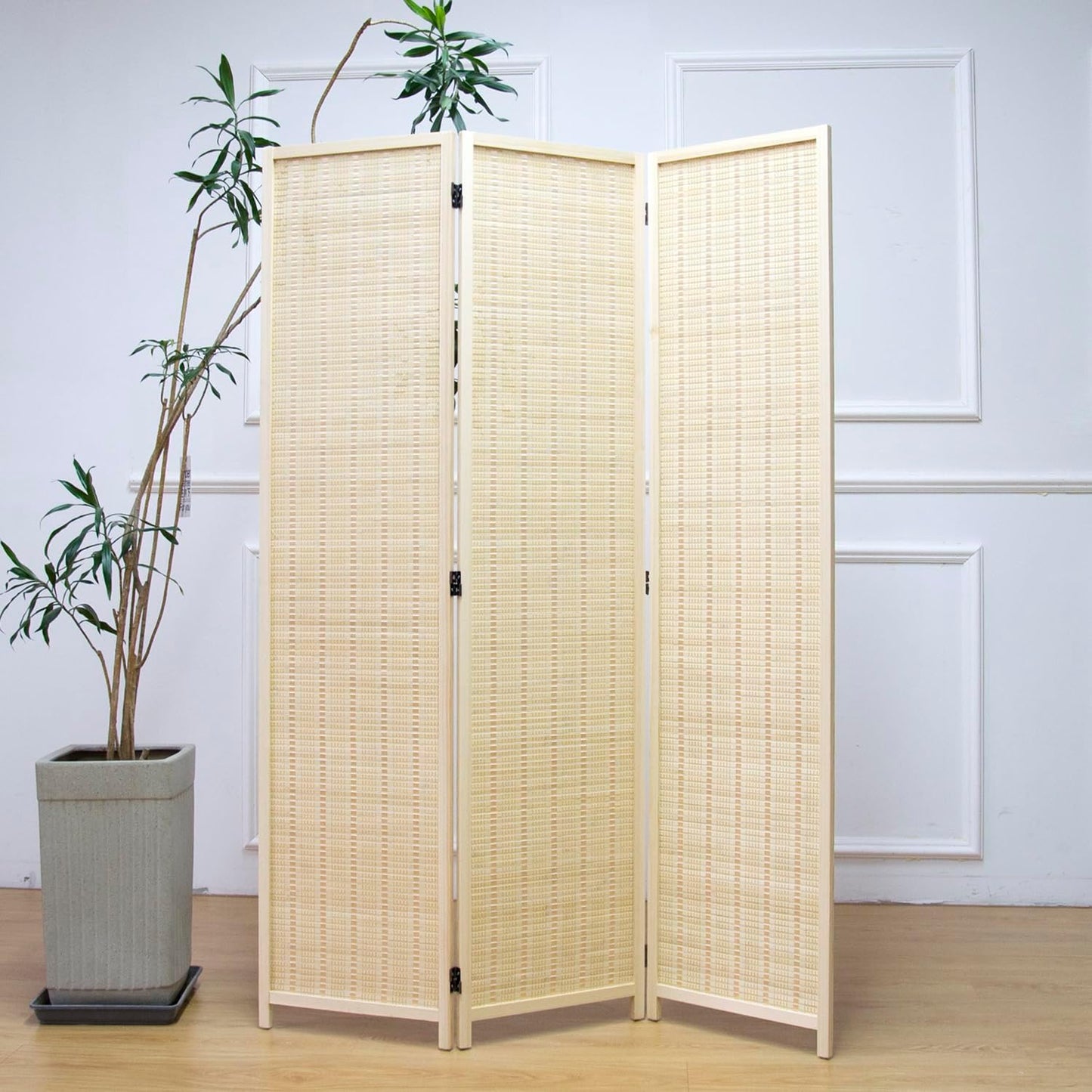 3 Panel Room Divider and Folding Panel Screen,Bamboo Panel Divider Screen for Room Separation,Beige,67" H x 46" W