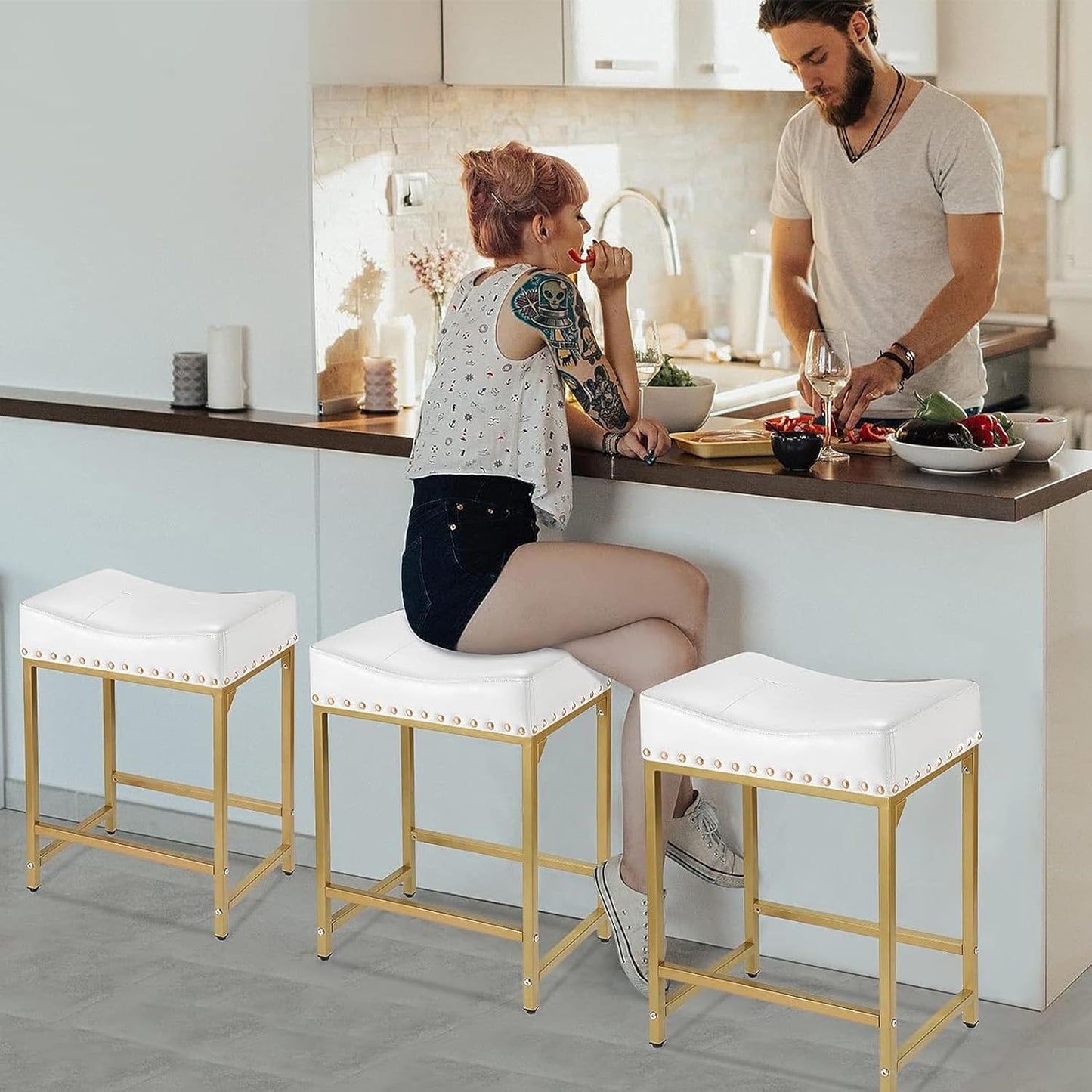 Bar Stools Set of 2, Gold White Counter Height Stools with Cushion Counter Stools and Barstools Steel Frame, 24" Modern Gold Bar Stools for Kitchen Counter Island (Off White+Gold)